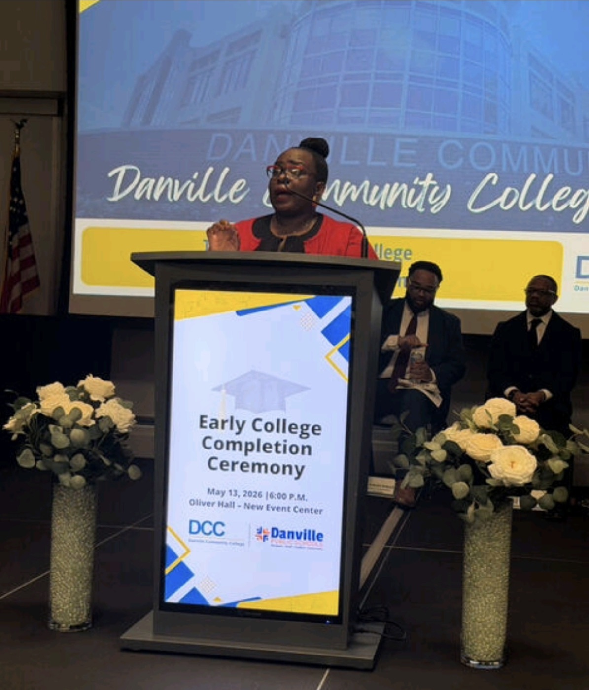 Dr. Takiwi speaking at the Danville Community College Early College Completion Ceremony